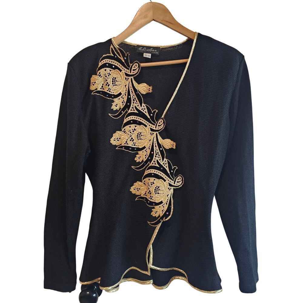 Vintage Floral Sweater Womens Med Black Gold Glam Rock Knit Embellished Evening
